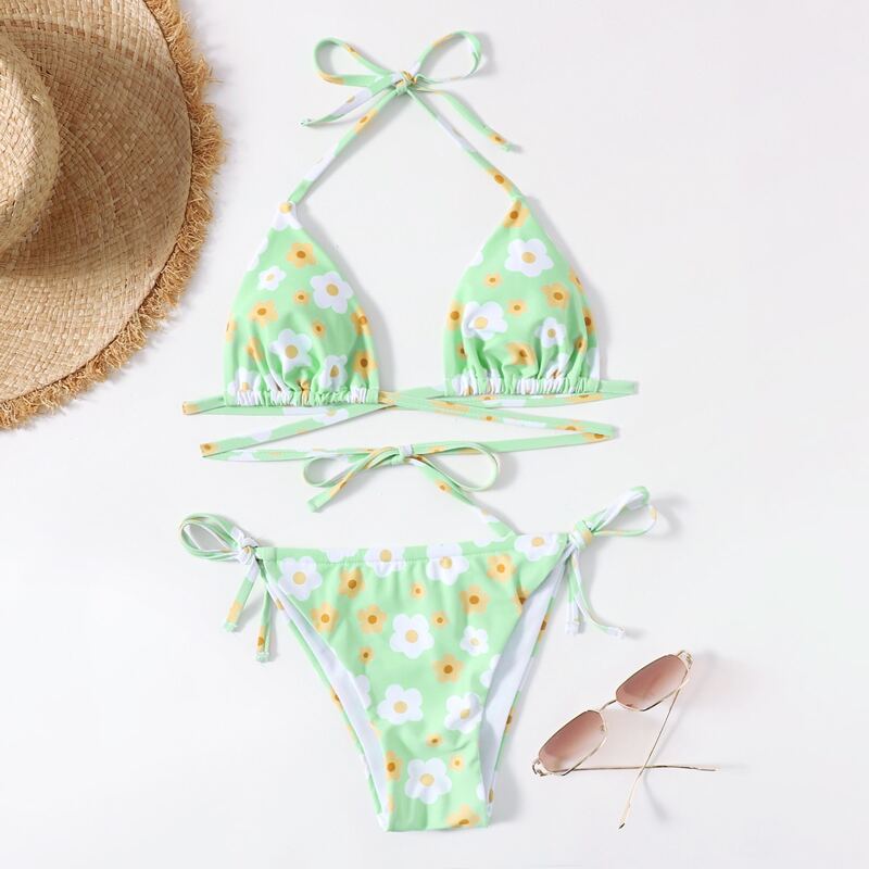 

Floral Triangle Crisscross Bikini Swimsuit, Multicolor