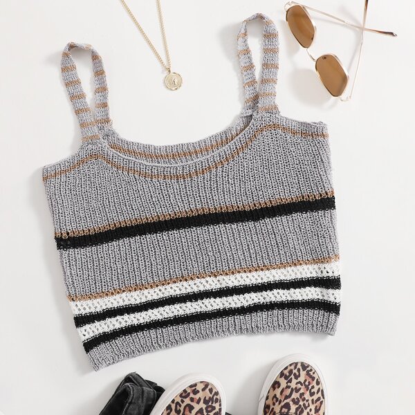 

Striped Crop Cami Knit Top, Grey