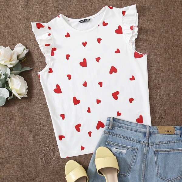 

Ruffle Trim Heart Print Top, White