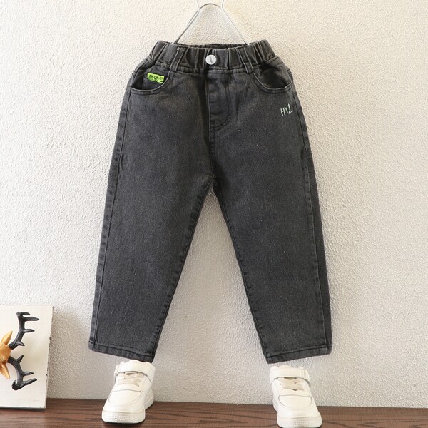 

Toddler Boys Letter Embroidery Jeans, Dark grey