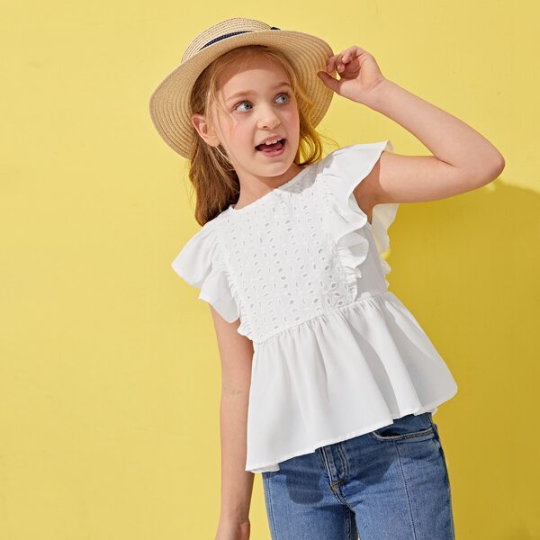 

Girls Ruffle Trim Schiffy Peplum Top, White