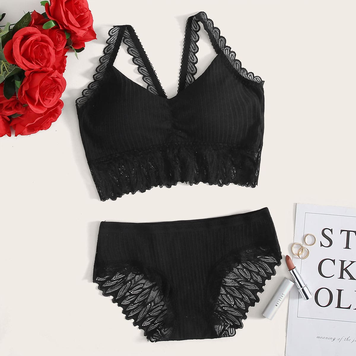 

Lace Trim Lingerie Set, Black