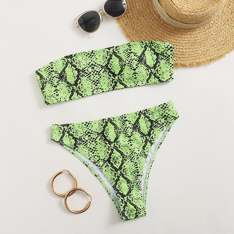 

Snakeskin Print Bandeau Bikini Swimsuit, Green