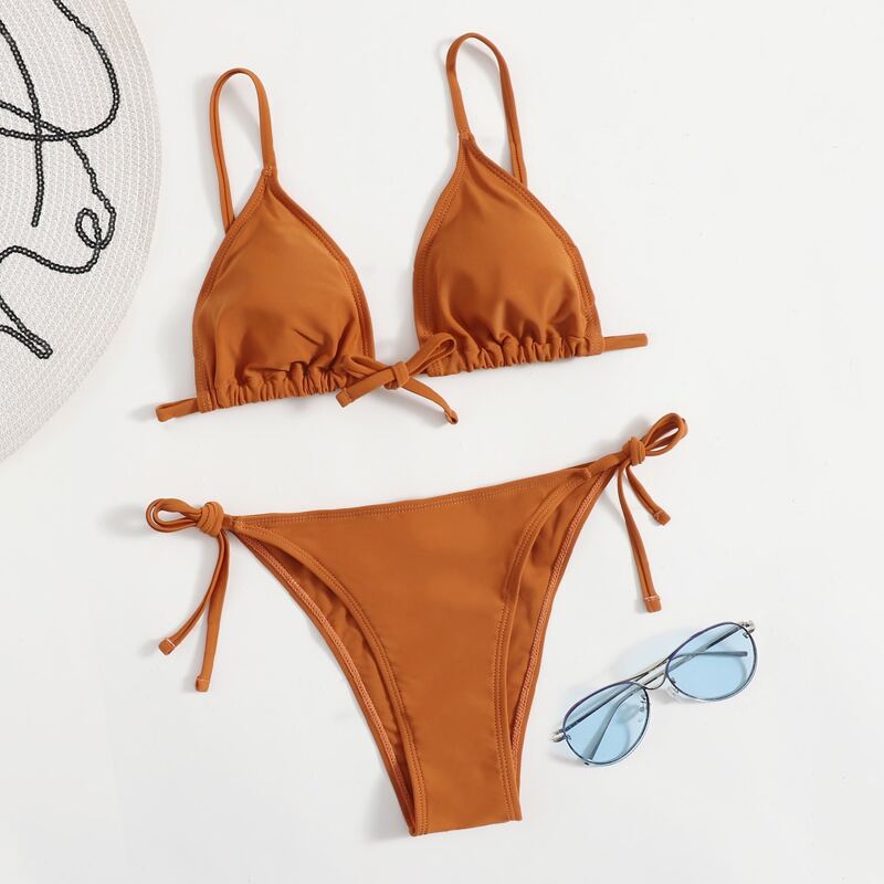

Solid Triangle Tie Side Bikini Swimsuit, Brown