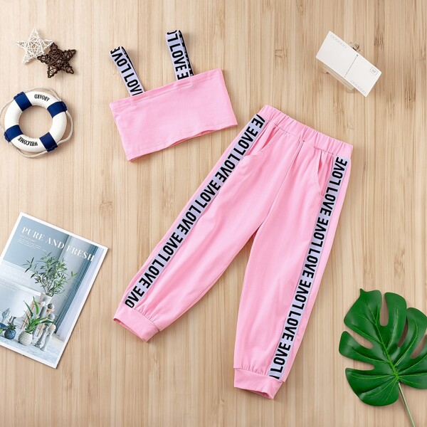 

Toddler Girls Tape Panel Cami Top & Sweatpants, Baby pink