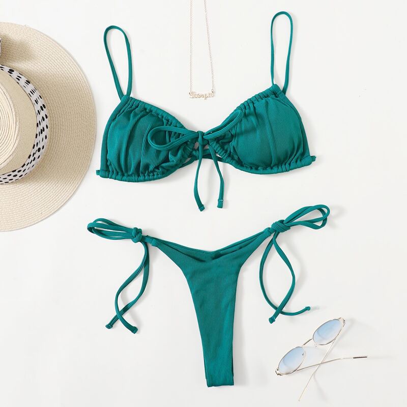 

Drawstring Tie Side Thong Bikini Swimsuit, Dark green