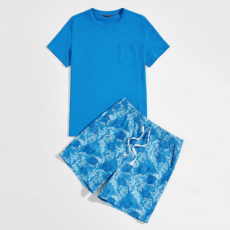 

Guys Patch Pocket Top & Drawstring Waist Tropical Print Shorts Set, Blue