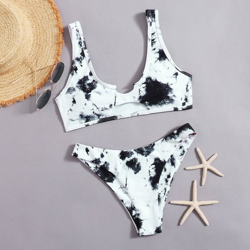 

Tie Dye Cut-out Bikini Swimsuit, Black and white