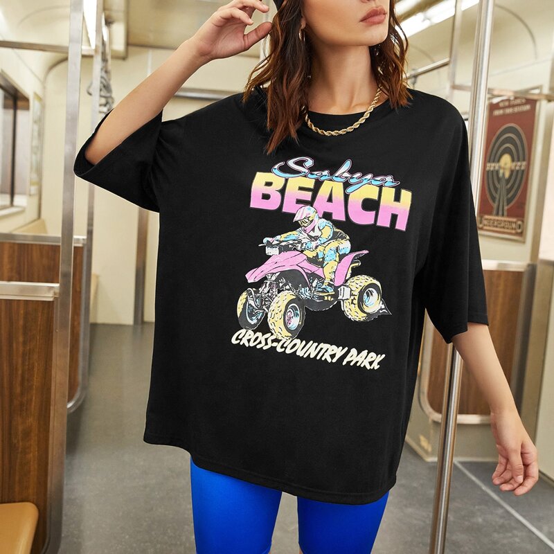 

Drop Shoulder Letter & Figure Graphic Tee, Black