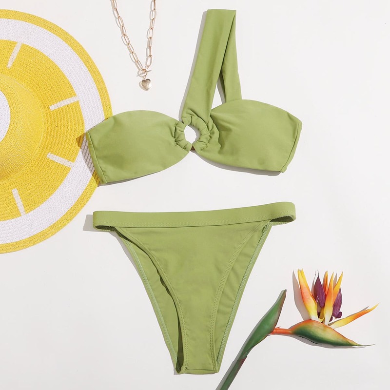

Ring Decor One Shoulder Bikini Swimsuit, Green