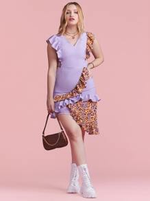 Kleksiu V-neck Contrast Leopard Panel Ruffle Detail Asymmetrical Hem Dress - Lilac Purple - View 3