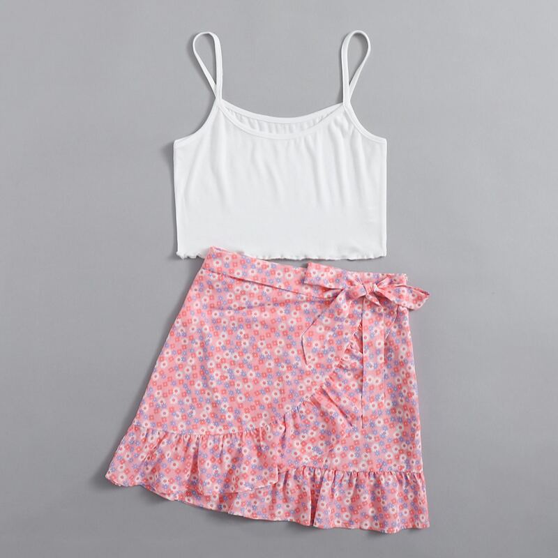 

Solid Crop Cami & Ditsy Flower Wrap Skirt, Multicolor