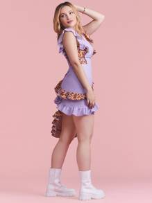 Kleksiu V-neck Contrast Leopard Panel Ruffle Detail Asymmetrical Hem Dress - Lilac Purple - View 6