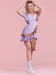 Kleksiu V-neck Contrast Leopard Panel Ruffle Detail Asymmetrical Hem Dress - Lilac Purple - View 7