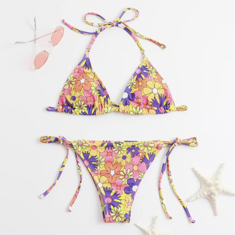

Floral Triangle Thong Bikini Swimsuit, Multicolor