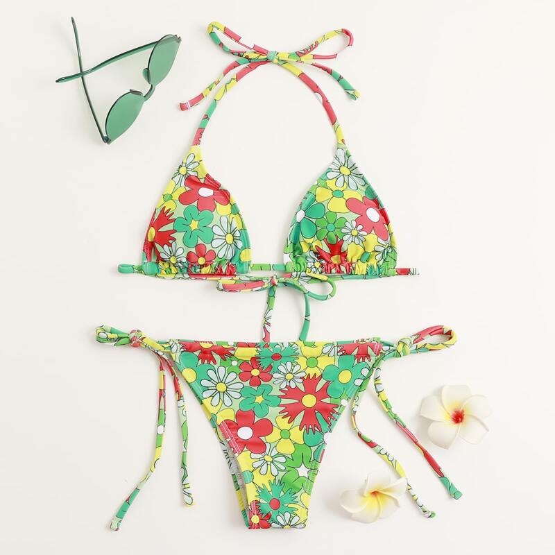 

Floral Triangle Thong Bikini Swimsuit, Multicolor