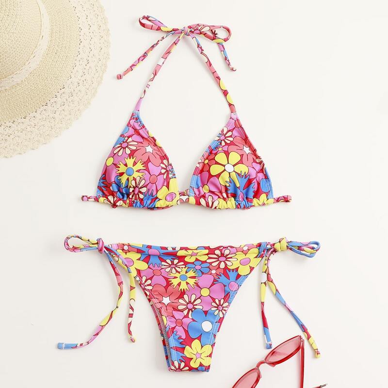 

Floral Triangle Thong Bikini Swimsuit, Multicolor