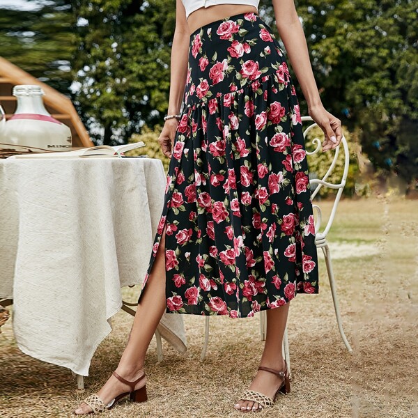 

Split Hem Allover Floral Skirt, Multicolor