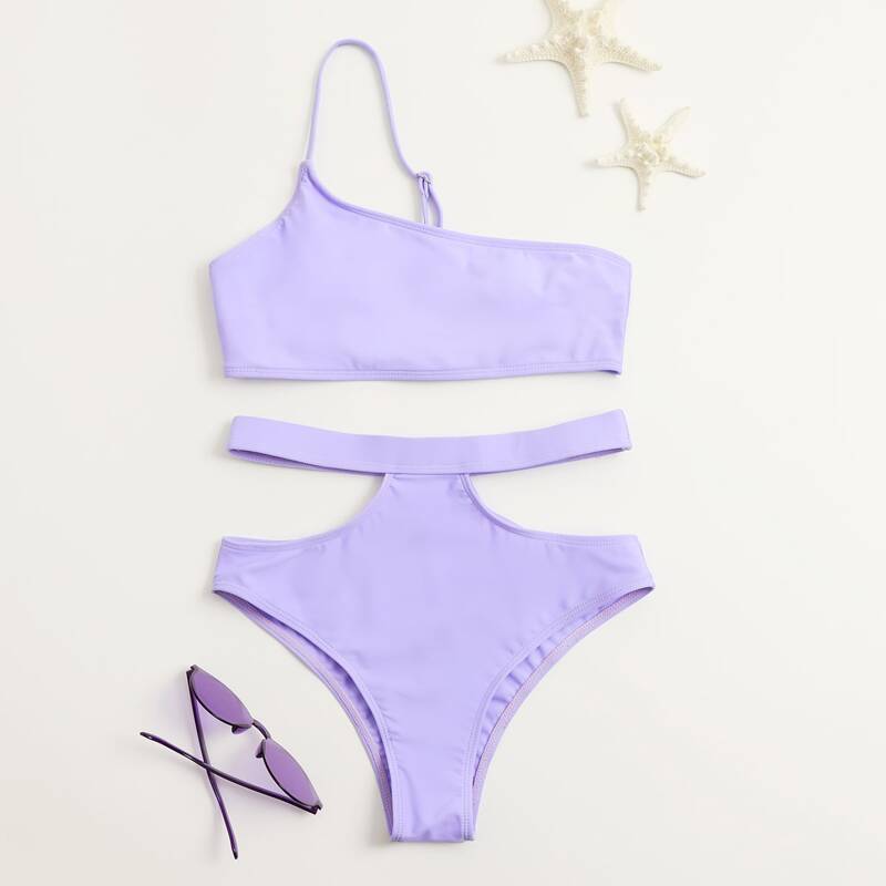 

Cut-out One Shoulder Bikini Swimsuit, Lilac purple