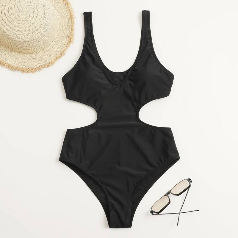 

Solid Cut-out One Piece Swimsuit, Black