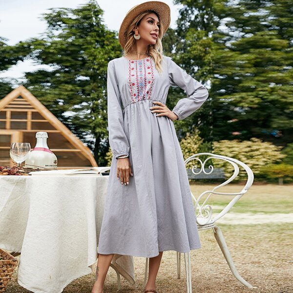 

Floral Embroidery A-line Dress, Light grey