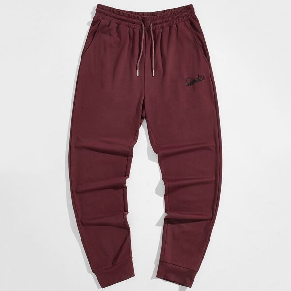 

Men Drawstring Waist Embroidery Letter Joggers, Maroon