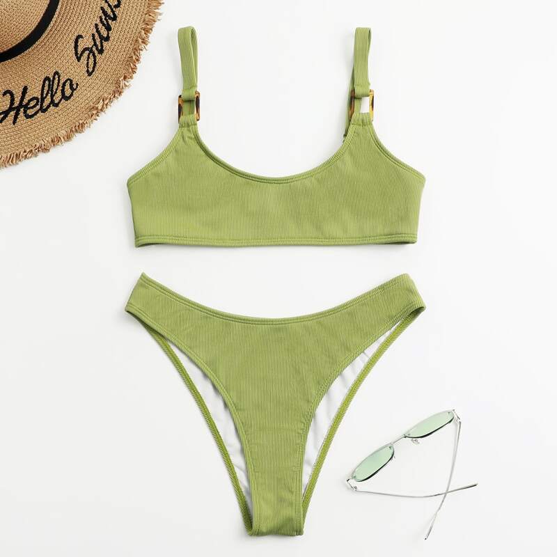

Ribbed High Leg Bikini Swimsuit, Green