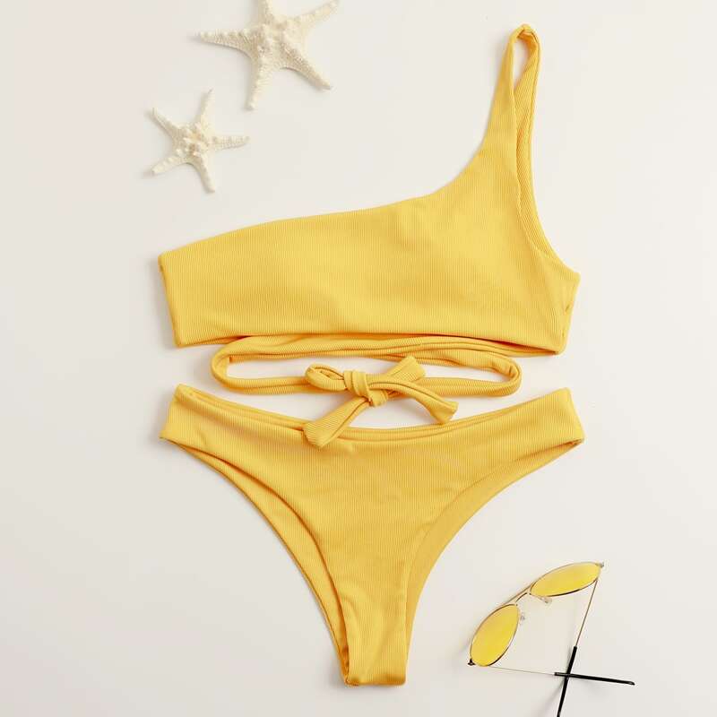 

Crisscross One Shoulder Bikini Swimsuit, Yellow