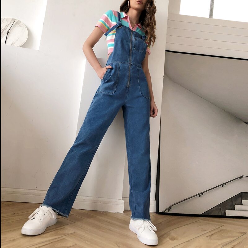 

Zip Front Denim Overalls, Medium wash