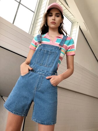 Shorts overol mezclilla con bolsillo con parche de pierna ancha