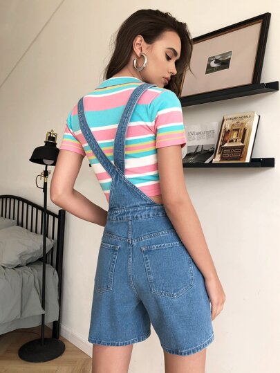 Shorts overol mezclilla con bolsillo con parche de pierna ancha