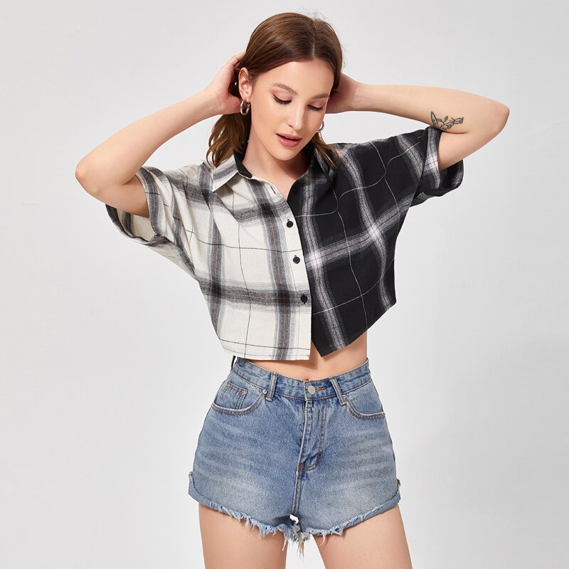 

Plaid Colorblock Button Front Blouse, Multicolor