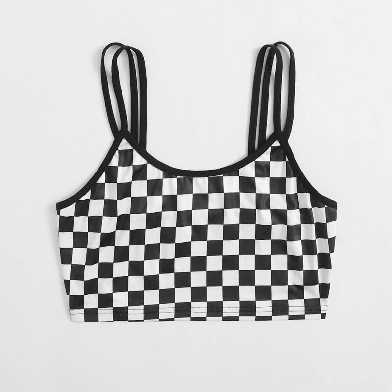 

Checkerboard Double-Strap Crop Cami, Black and white