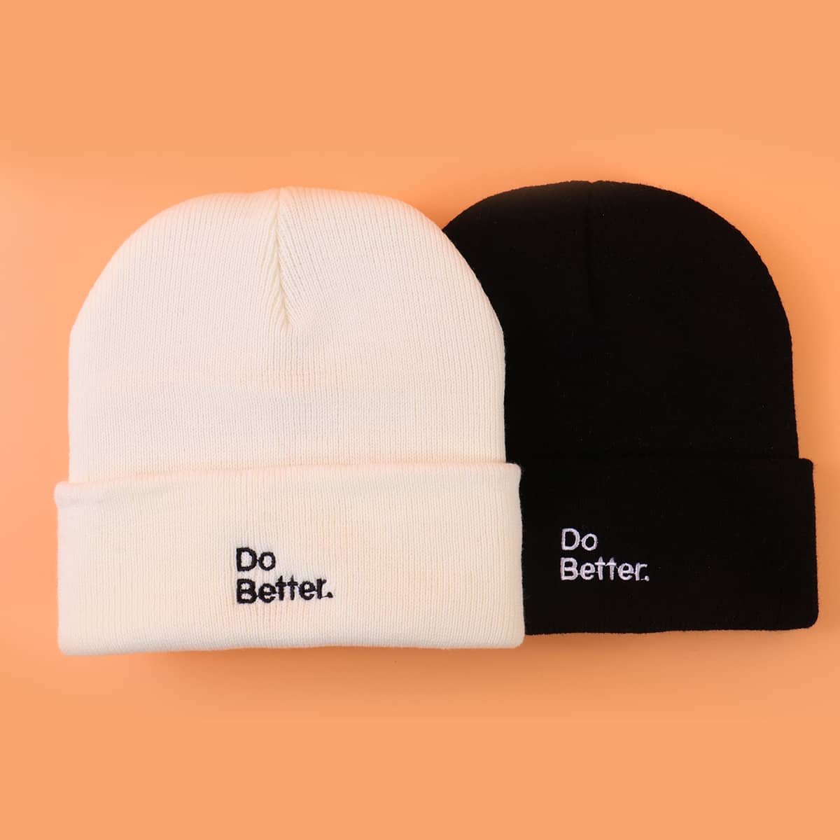 

2pcs Slogan Embroidery Beanie, Black and white