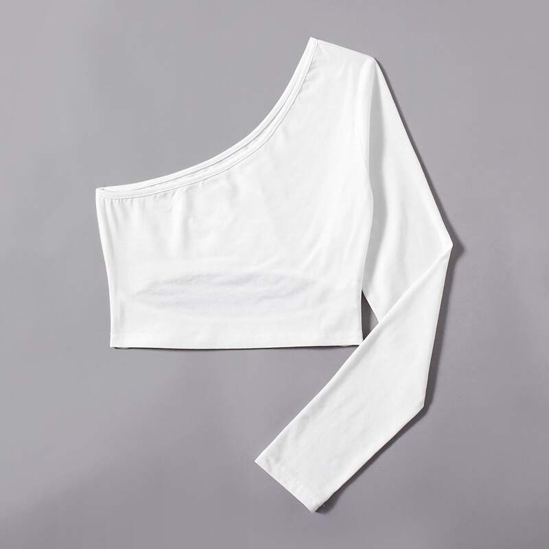 

Solid One Shoulder Crop Top, White