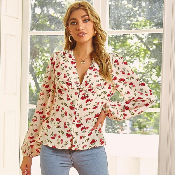 

Lantern Sleeve Button Front Floral Print Top, Multicolor