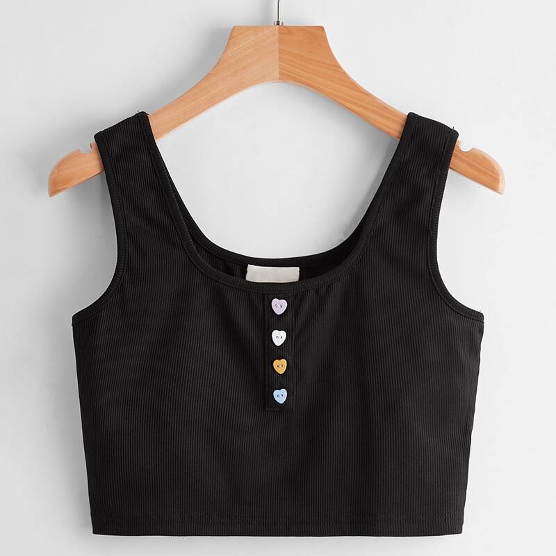 

Heart-Button Ribbed Tank Top, Black