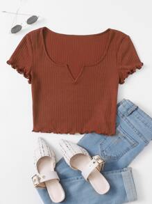 SHEIN EZwear Plus Notch Neck Lettuce Edge Tee - Rust Brown - View 1