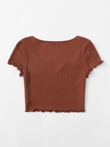 SHEIN EZwear Plus Notch Neck Lettuce Edge Tee - Rust Brown - View 2