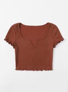 SHEIN EZwear Plus Notch Neck Lettuce Edge Tee - Rust Brown - View 5