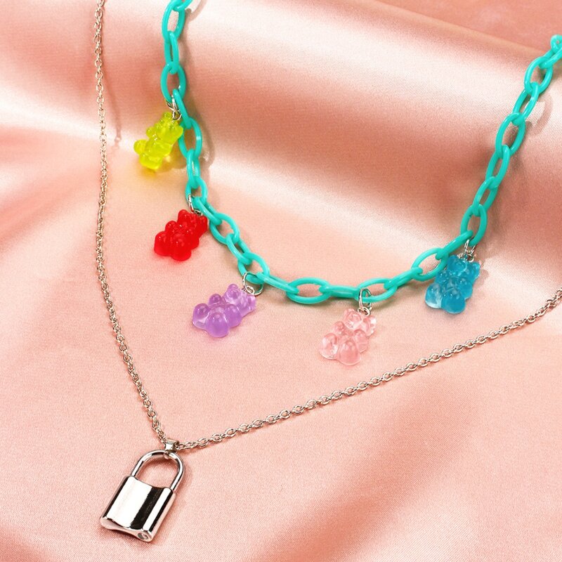

2pcs Lock & Bear Charm Necklace, Multicolor