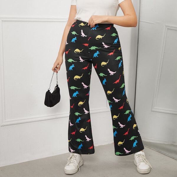 

Plus Elastic Waist Dinosaur Print Flare Leg Pants, Multicolor