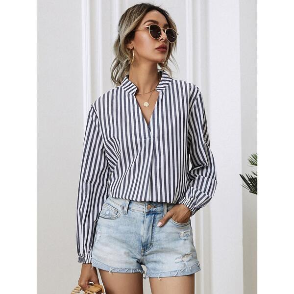 

Striped Notched Neck Blouse, Blue and white