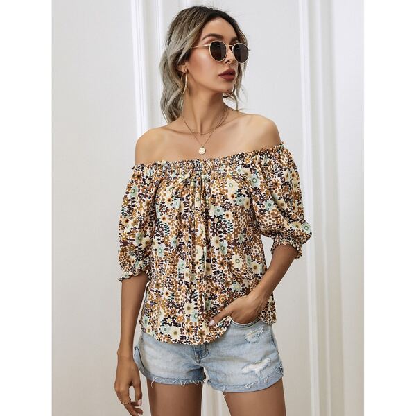 

Floral Print Square Neck Flounce Sleeve Blouse, Multicolor