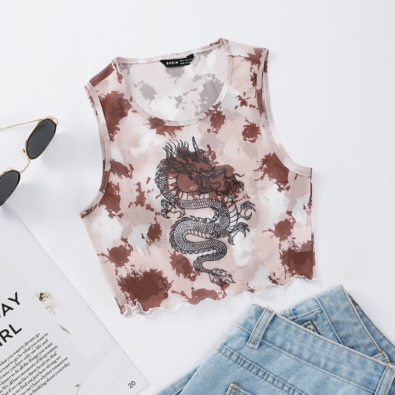 

Chinese Dragon Print Tie Dye Sheer Crop Tank Top, Multicolor