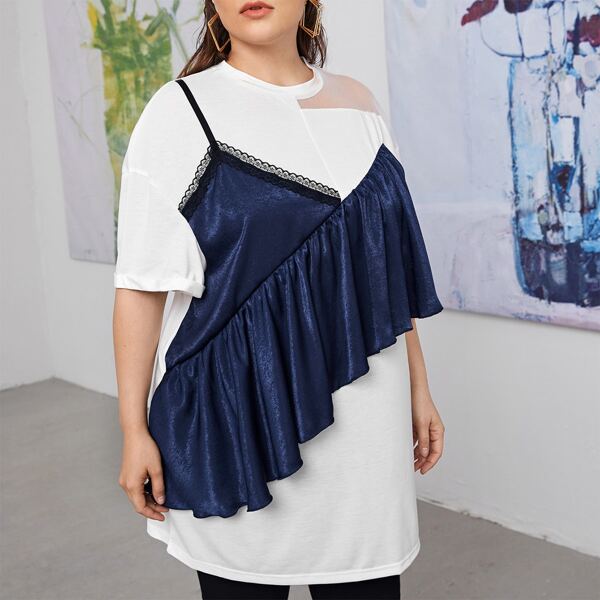 

Plus Contrast Velvet Ruffle Trim Tee, Blue and white