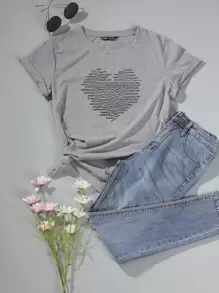 SHEIN Unity Camiseta con estampado de corazón - Gris - Ver 1