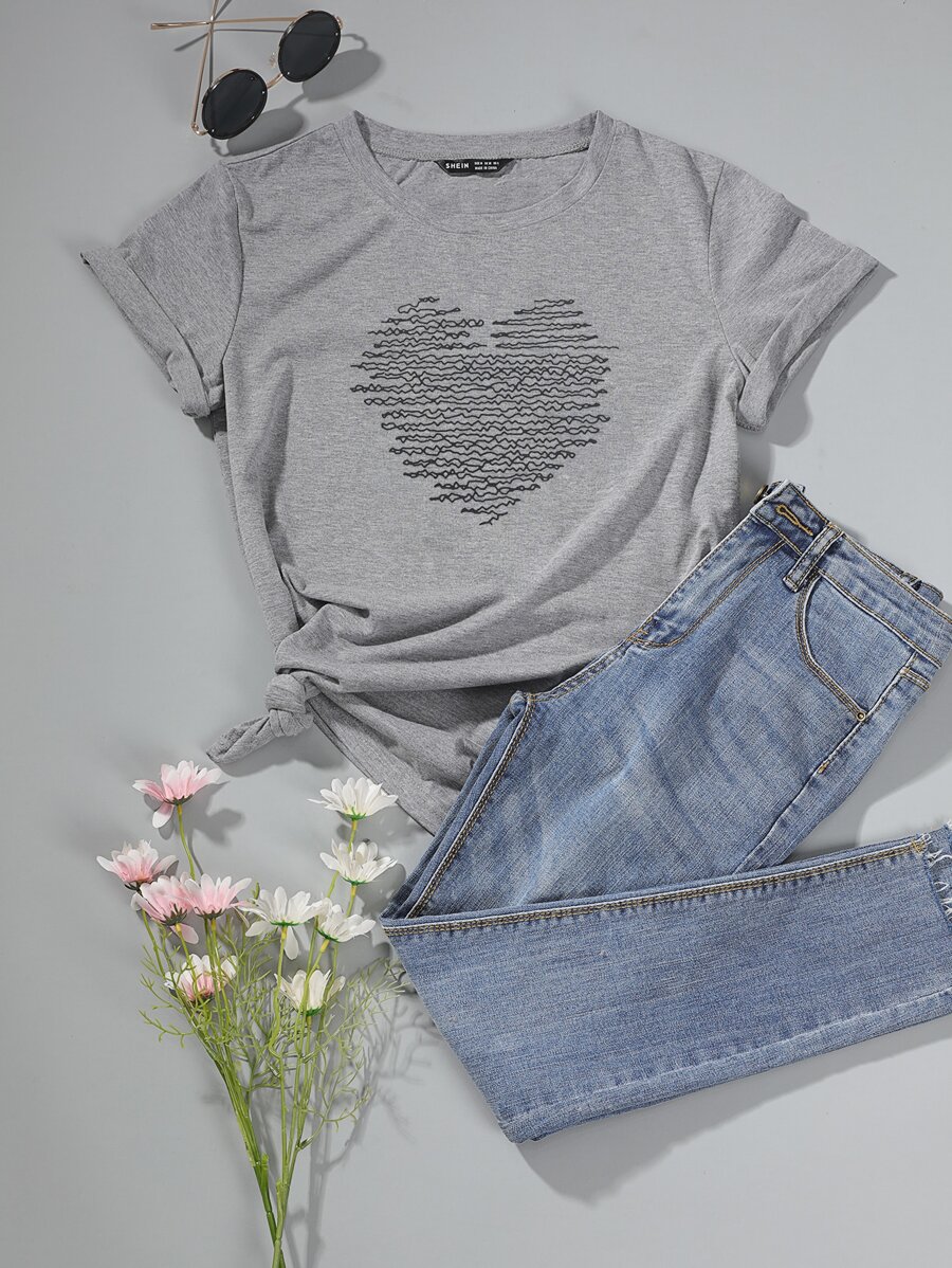 SHEIN Unity Camiseta con estampado de corazón - Gris - Ver 1