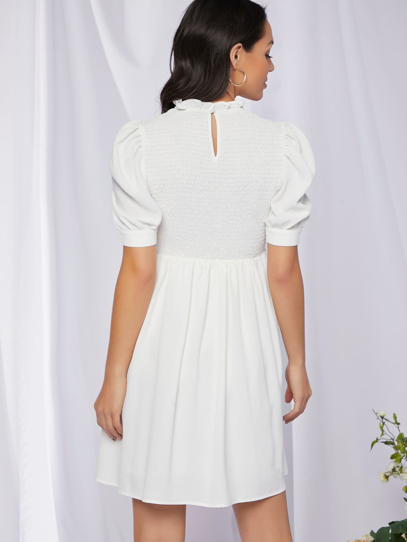 Maternity Frilled Neck Shirred Bodice Puff Sleeve Dress