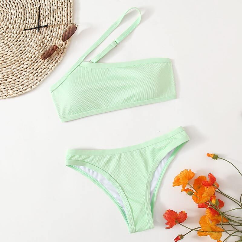 

Ribbed One Shoulder Bikini Swimsuit, Green
